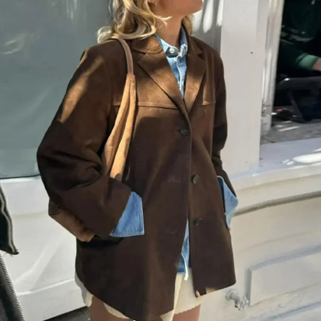 Veste blazer femme à un bouton en matière synthétique effet suédé