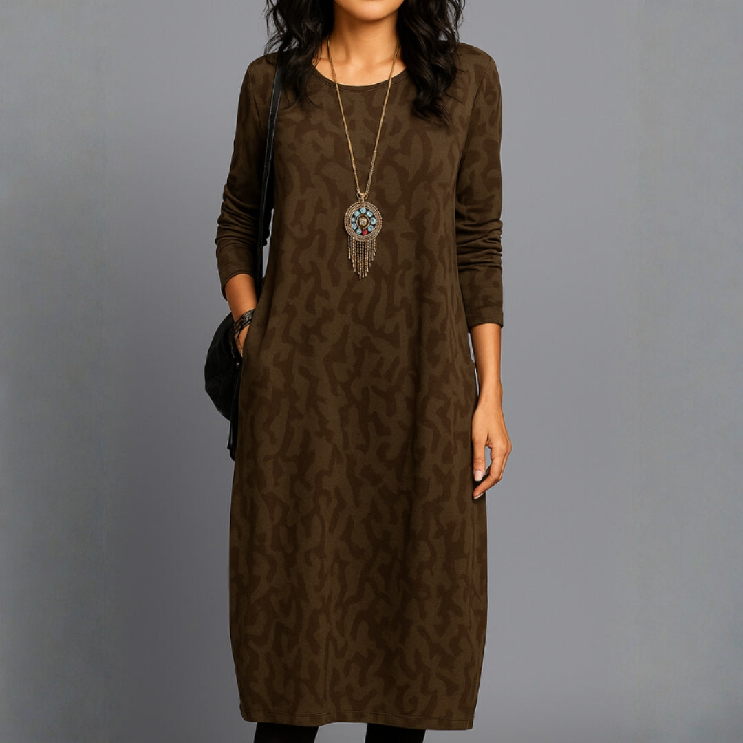 Robe mi-longue à manches longues imprimée avec poches pour femme