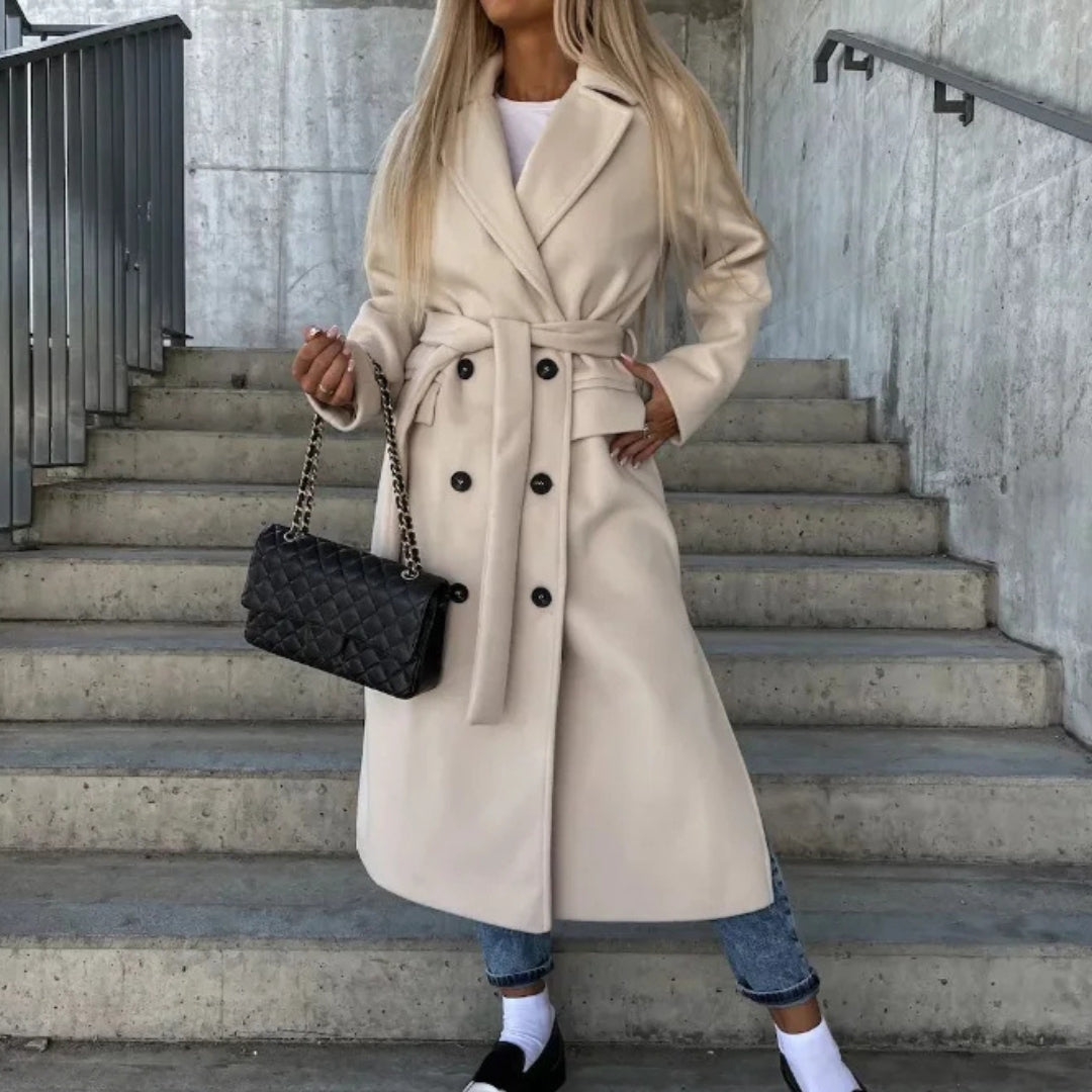 Manteau long à double boutonnage avec ceinture pour femme en tissu mélangé