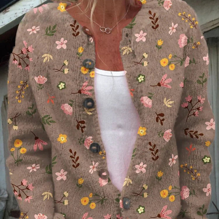 Cardigan en Maille Femme | Motif Floral Boutonné