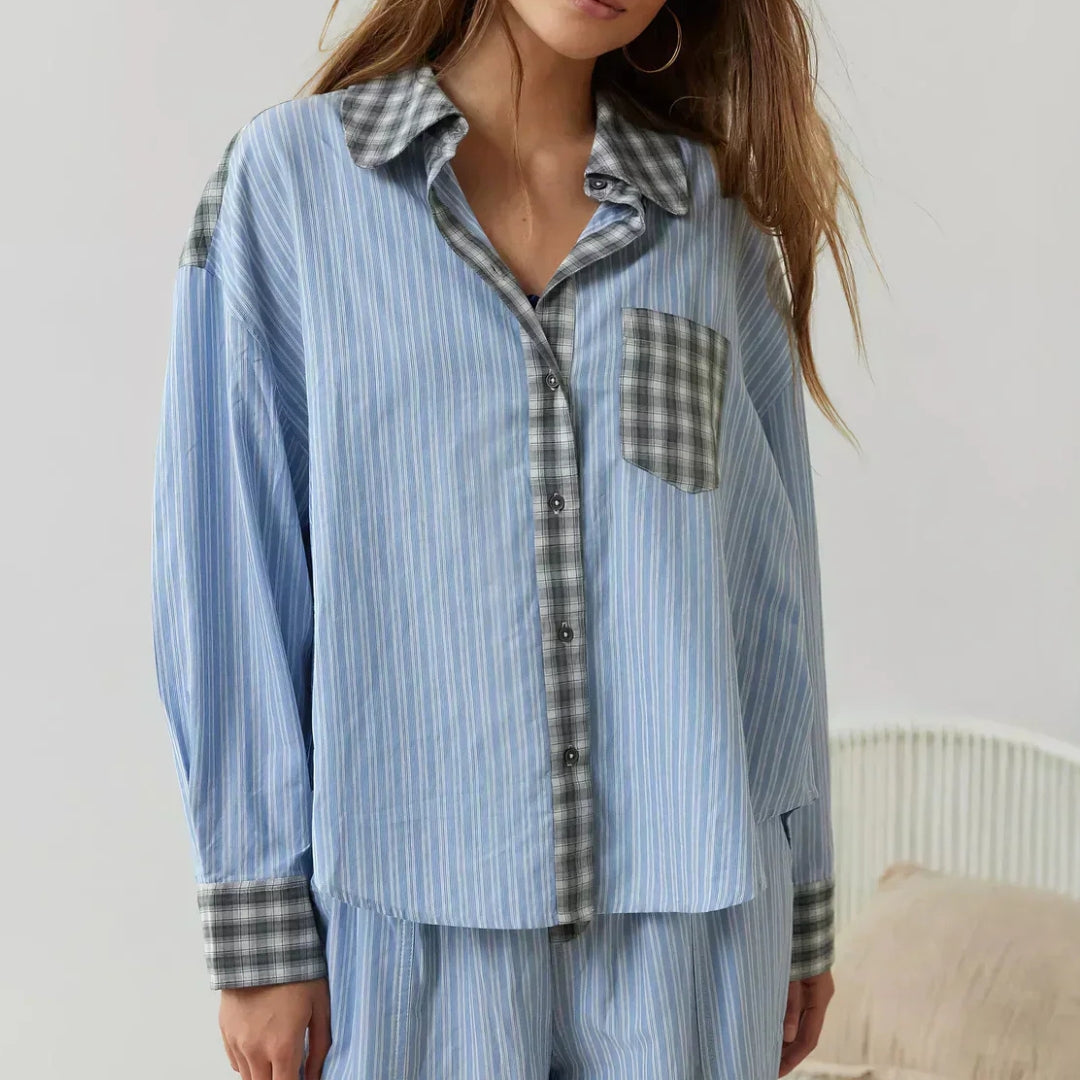 Ensemble chemise et pantalon à rayures et à carreaux pour femme