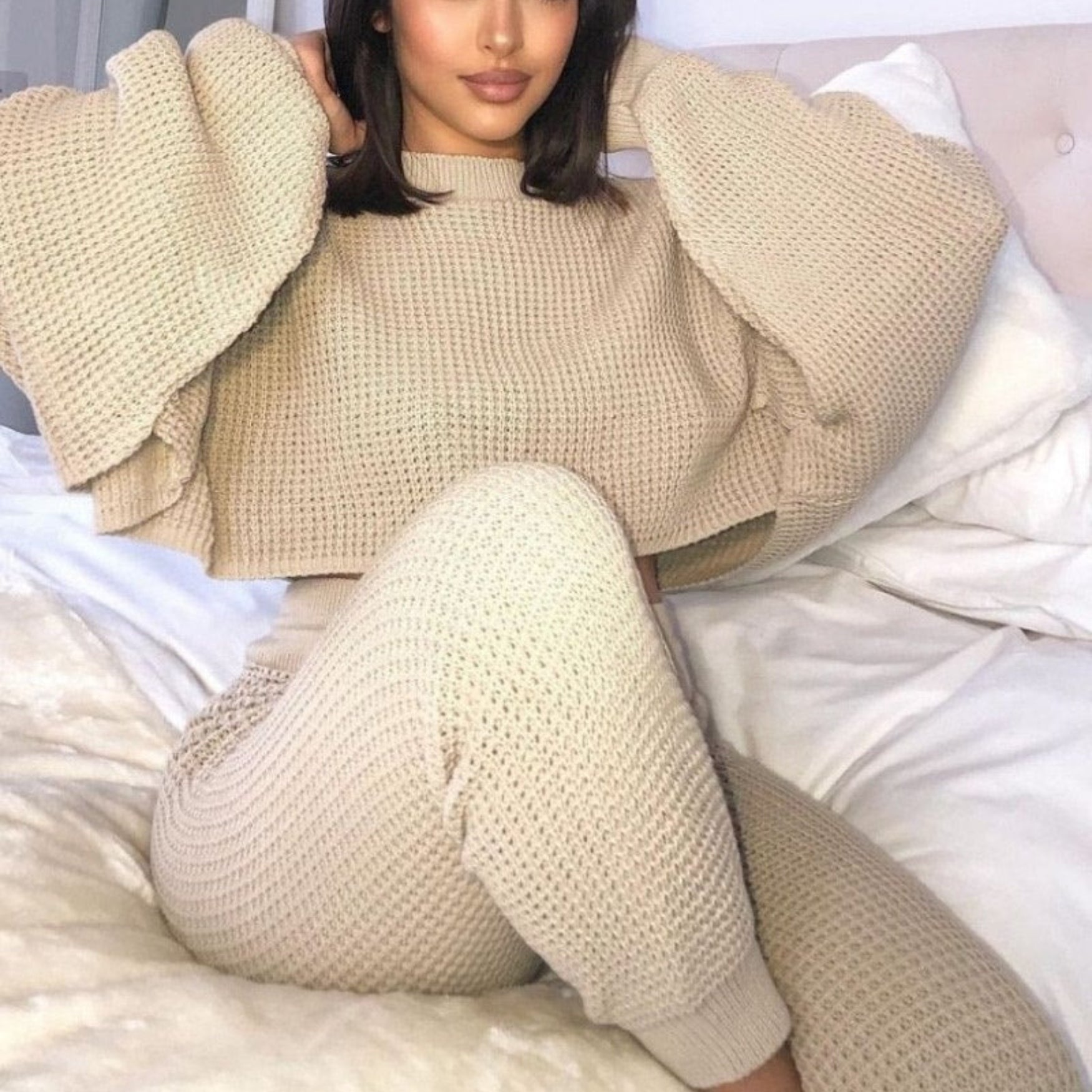 Ensemble tricot beige à taille haute pour femme