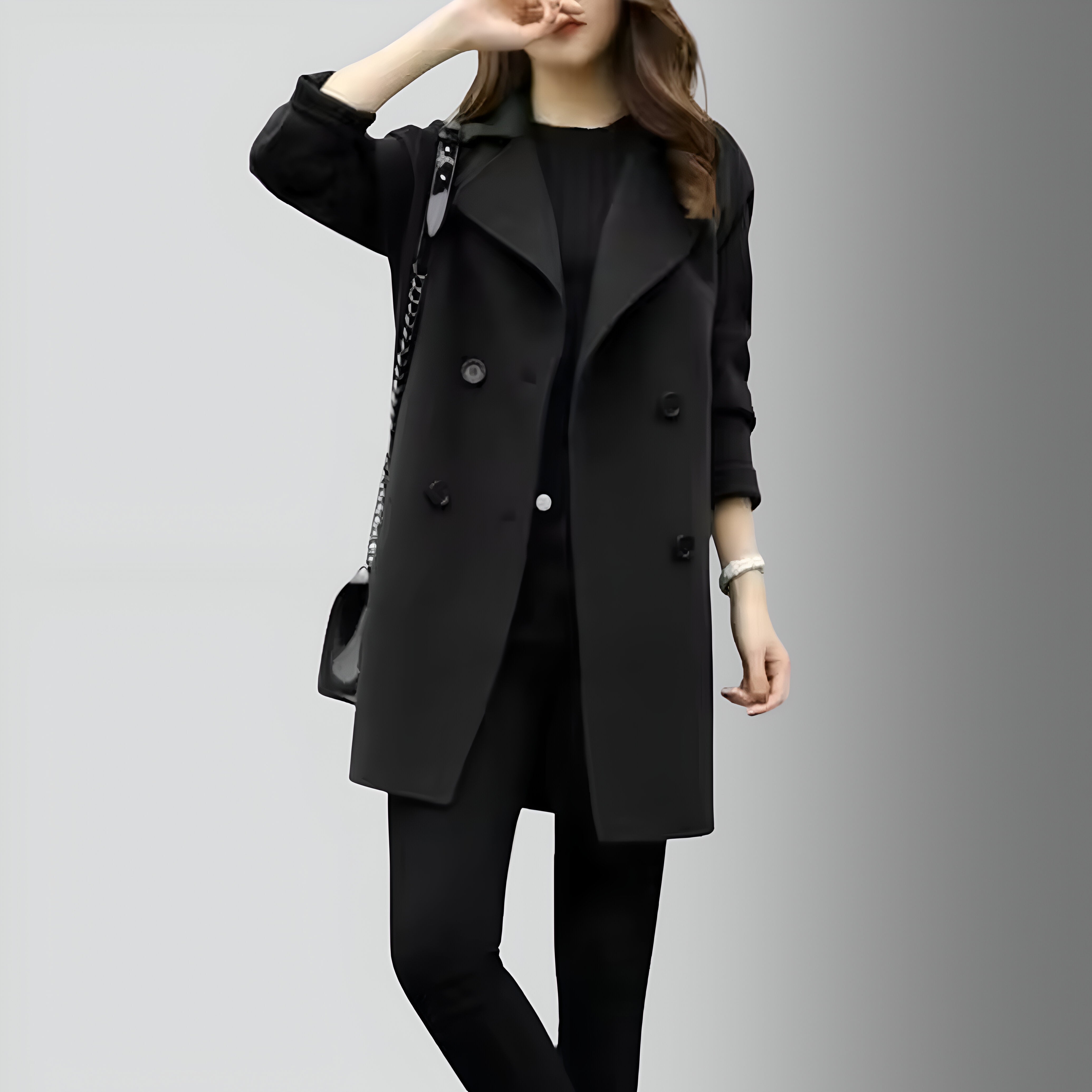 Manteau mi-long à double boutonnage pour femme en tissu mélangé
