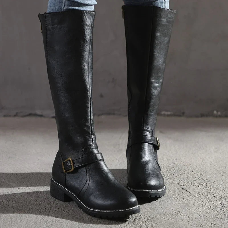 Bottes Hautes Femme à Bout Rond en PU avec Détail Métallique