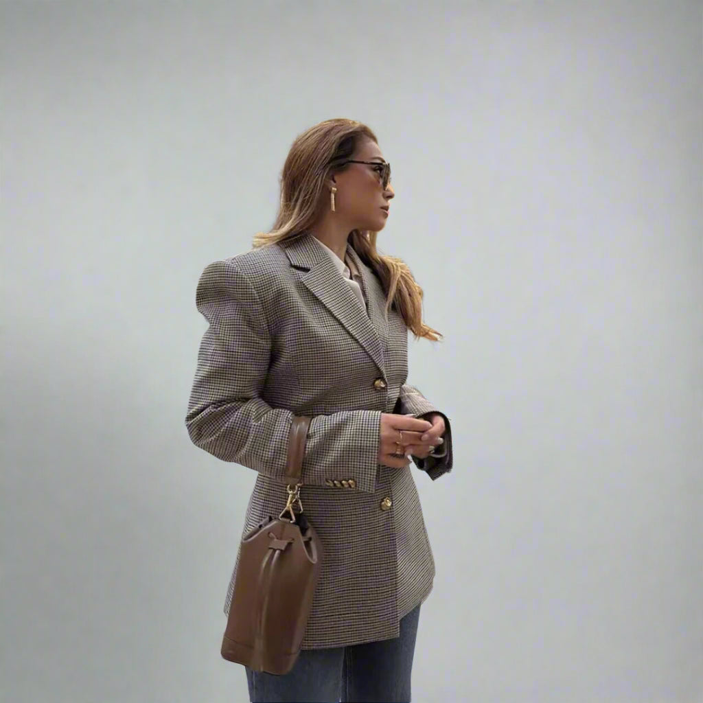 Blazer pour femme à carreaux pied-de-poule, manches longues, boutonnage simple