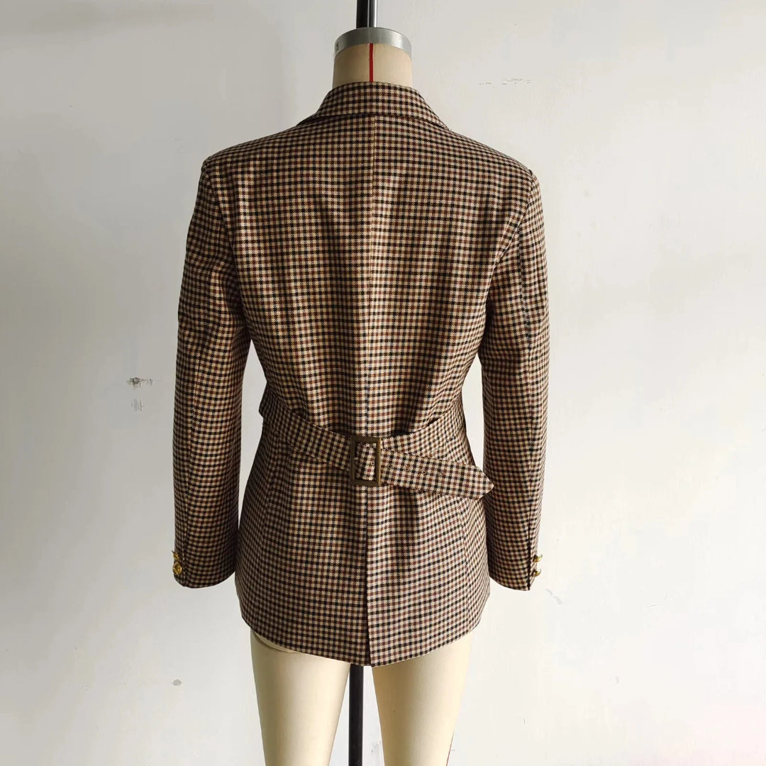 Blazer pour femme à carreaux pied-de-poule, manches longues, boutonnage simple
