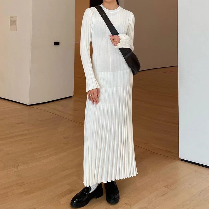 Robe Longue en Maille Côtelée à Col Rond pour Femme