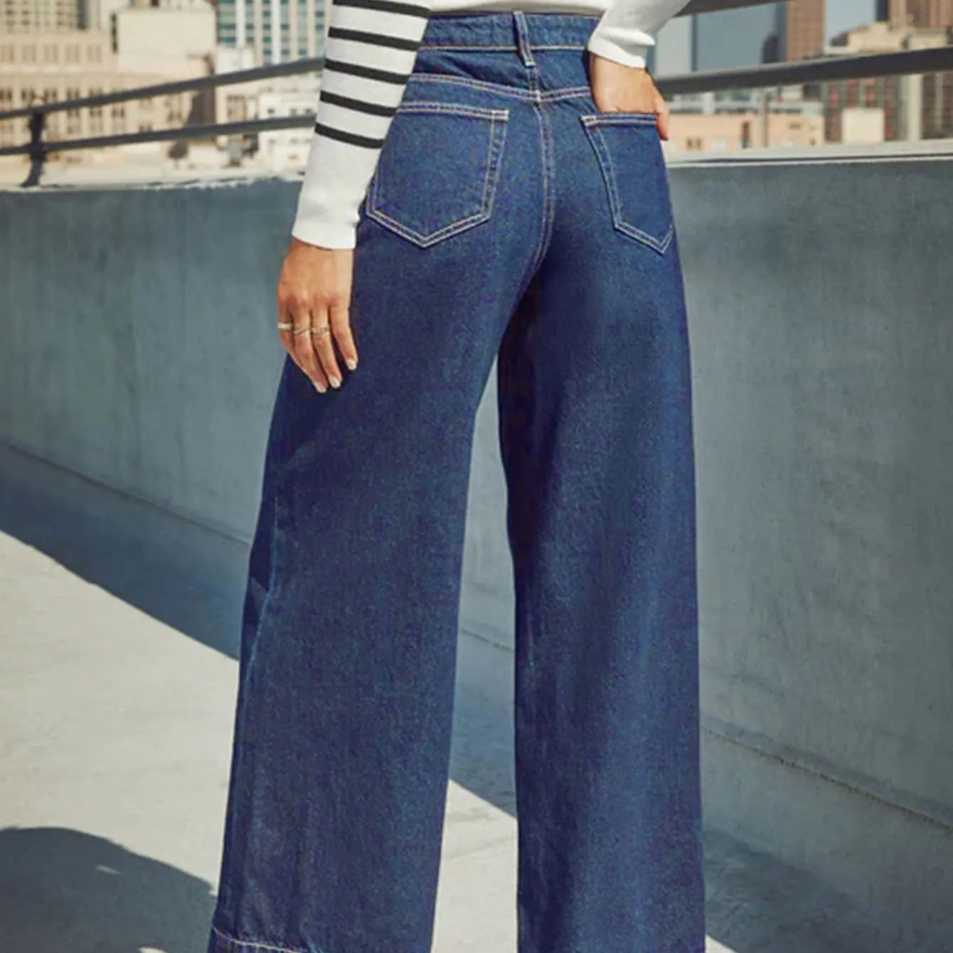 Jean en Denim Taille Haute à Jambe Large pour Femme