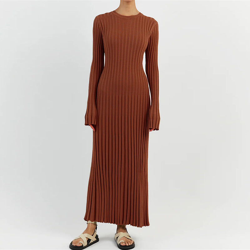 Robe Longue en Maille Côtelée à Col Rond pour Femme