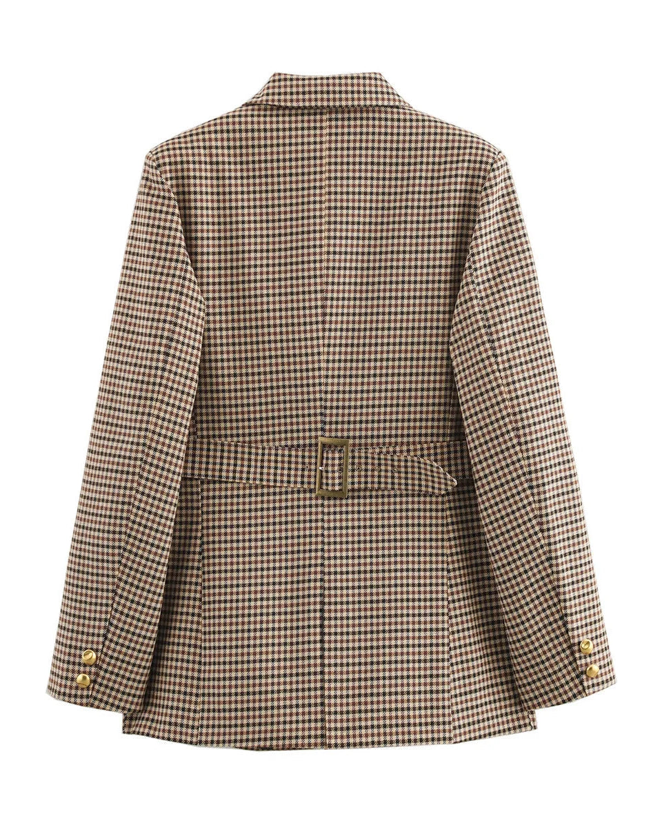 Blazer pour femme à carreaux pied-de-poule, manches longues, boutonnage simple