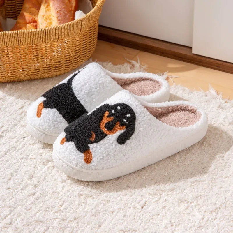 Mules Femme en Peluche Motif Teckel | Pantoufles d’Intérieur Brodées