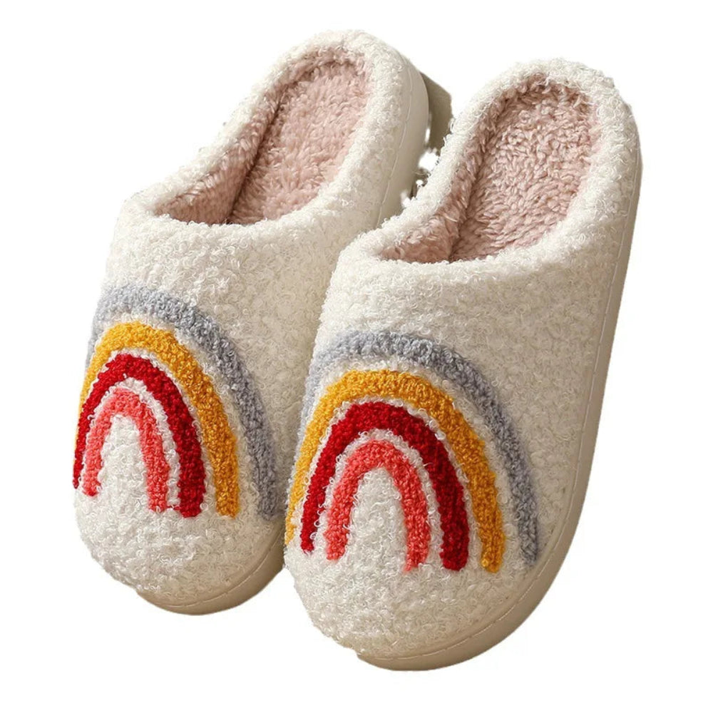 Chaussons d’intérieur pour adultes avec broderie décorative motif arc-en-ciel et motif champignon