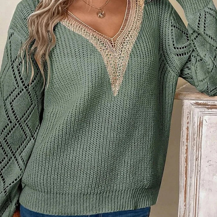 Pull Femme en Maille | Col V avec Détail en Dentelle