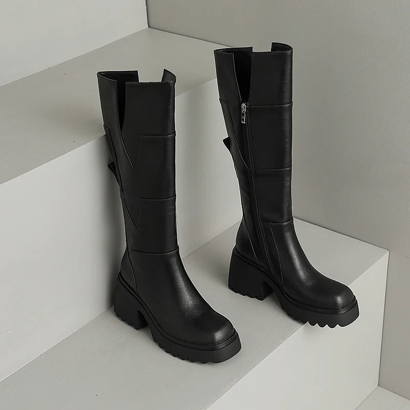 Bottes Hautes Femme à Bout Rond en PU avec Plateforme et Talon Carré