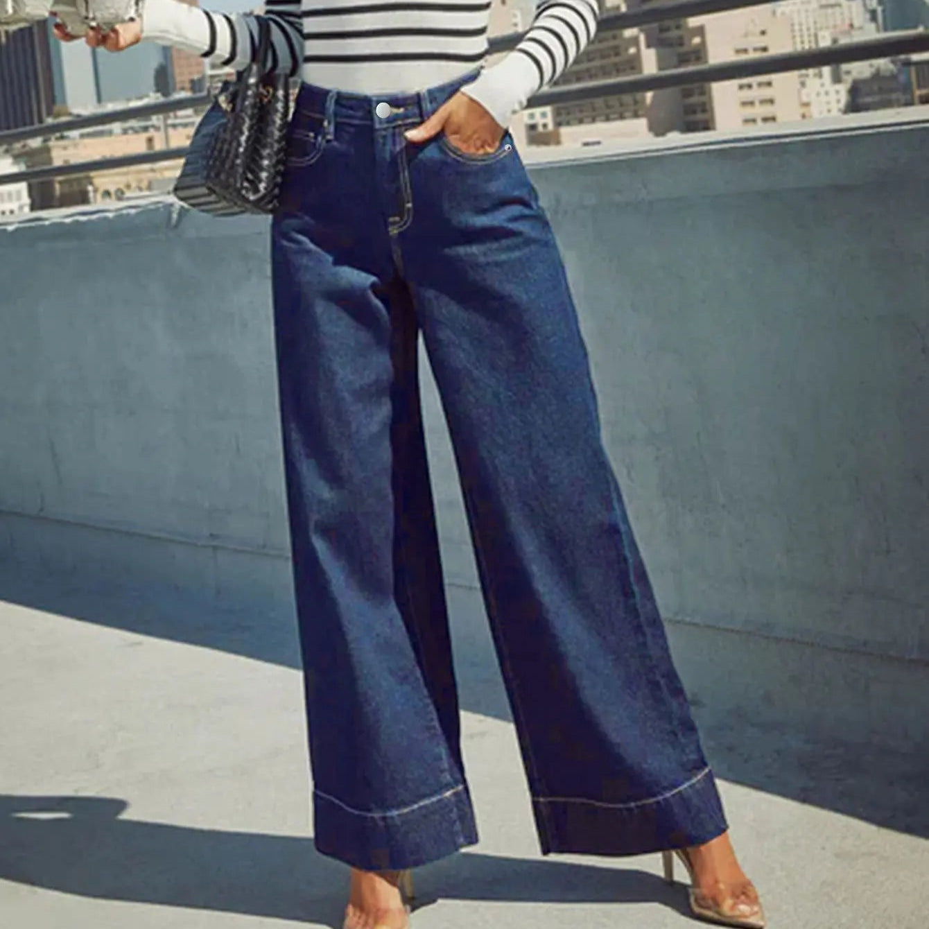 Jean en Denim Taille Haute à Jambe Large pour Femme