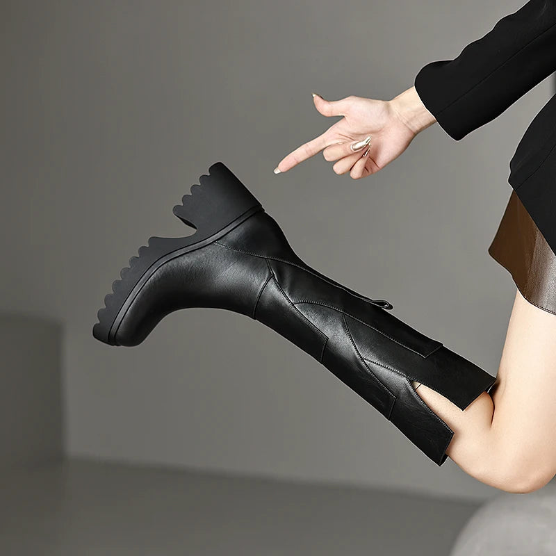 Bottes Hautes Femme à Bout Rond en PU avec Plateforme et Talon Carré