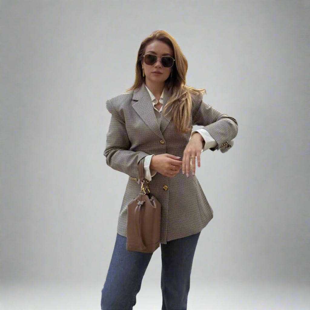 Blazer pour femme à carreaux pied-de-poule, manches longues, boutonnage simple