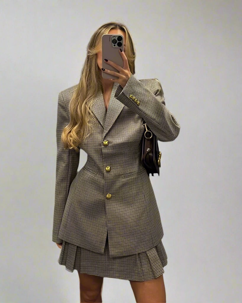 Blazer pour femme à carreaux pied-de-poule, manches longues, boutonnage simple