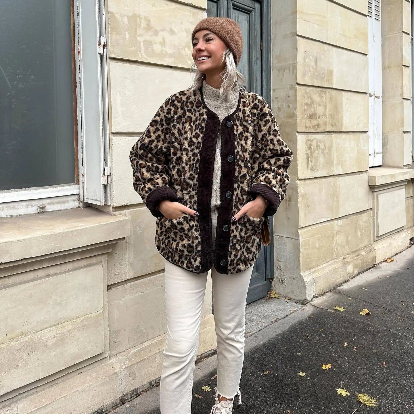 Manteau léopard à boutonnage simple pour femme