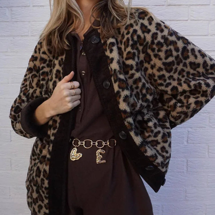 Manteau léopard à boutonnage simple pour femme