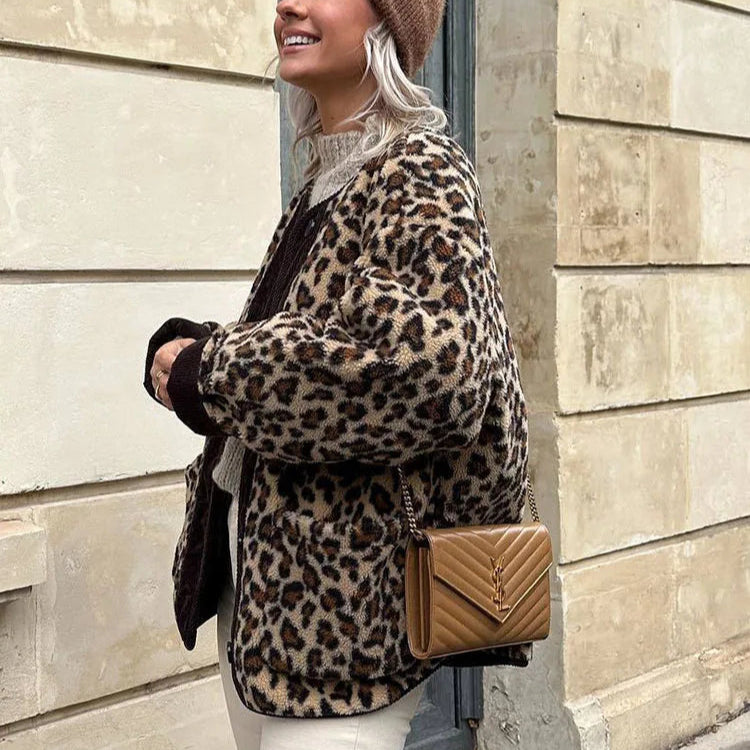 Manteau léopard à boutonnage simple pour femme
