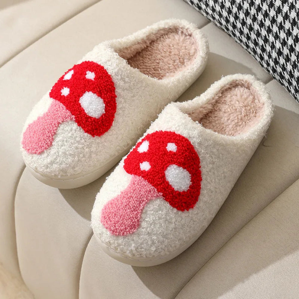 Chaussons d’intérieur pour adultes avec broderie décorative motif arc-en-ciel et motif champignon