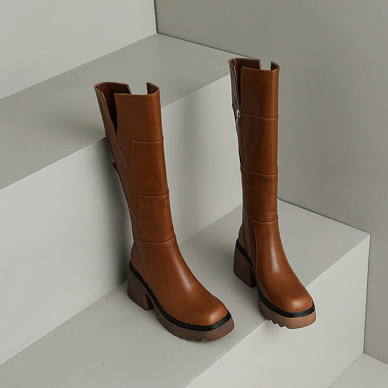 Bottes Hautes Femme à Bout Rond en PU avec Plateforme et Talon Carré