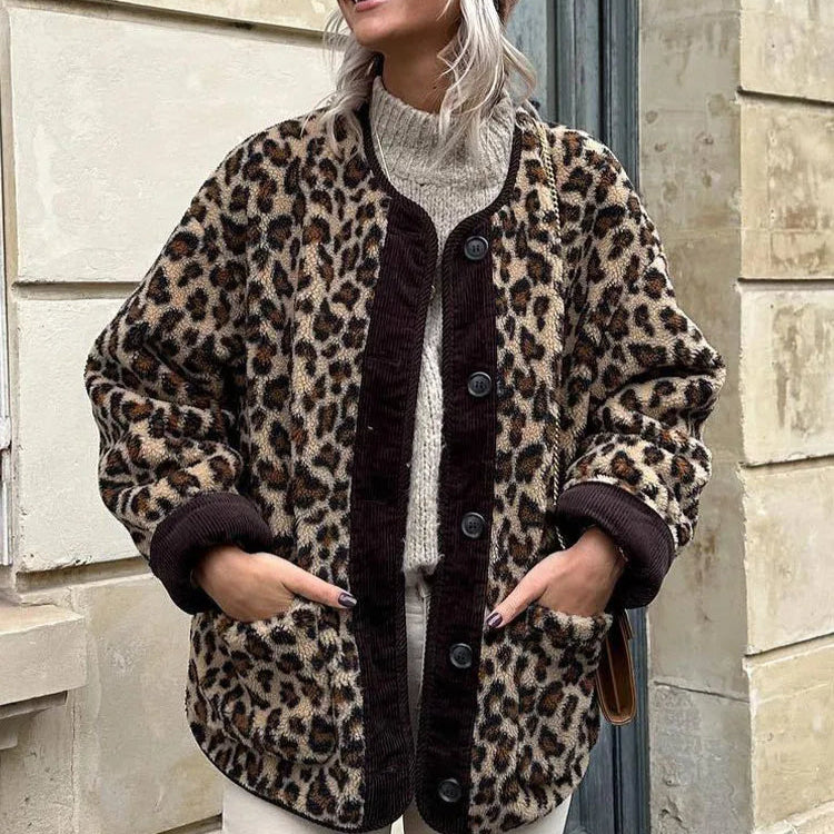 Manteau léopard à boutonnage simple pour femme