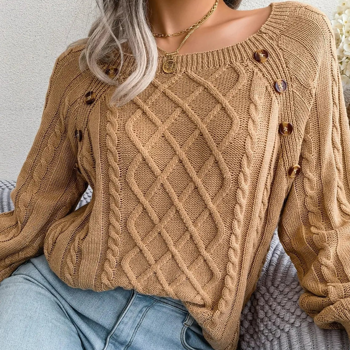 Pull Femme en Maille avec Col Carré et Détail à Boutons