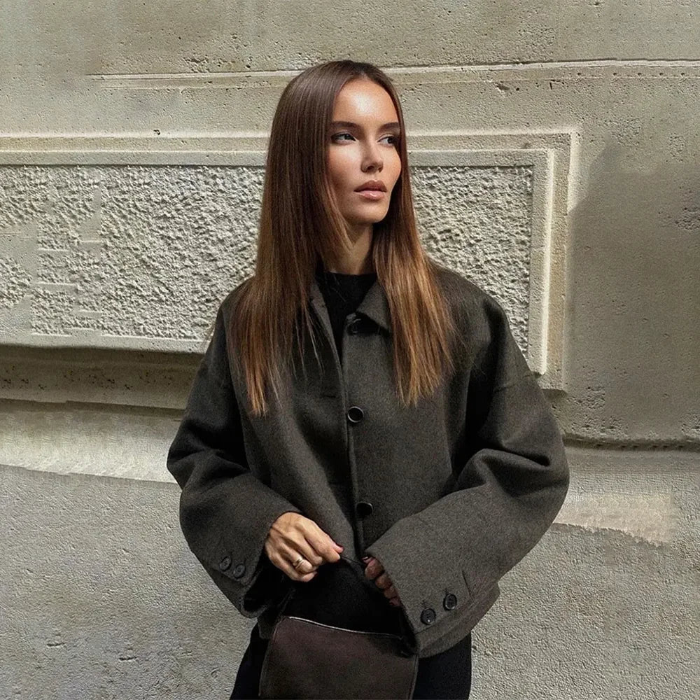 Manteau pour femme en laine synthétique, manches longues, col à revers, boutonnage simple