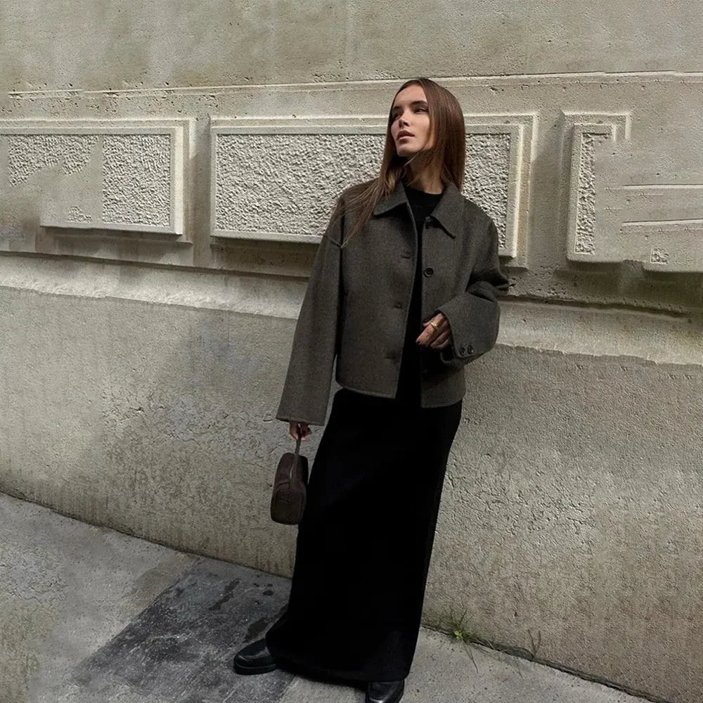 Manteau pour femme en laine synthétique, manches longues, col à revers, boutonnage simple