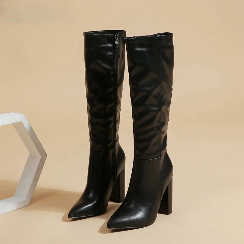 Bottes à talon bloc et bout pointu hauteur genou pour femme