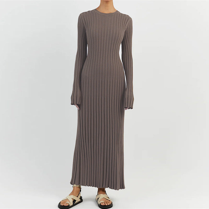 Robe Longue en Maille Côtelée à Col Rond pour Femme