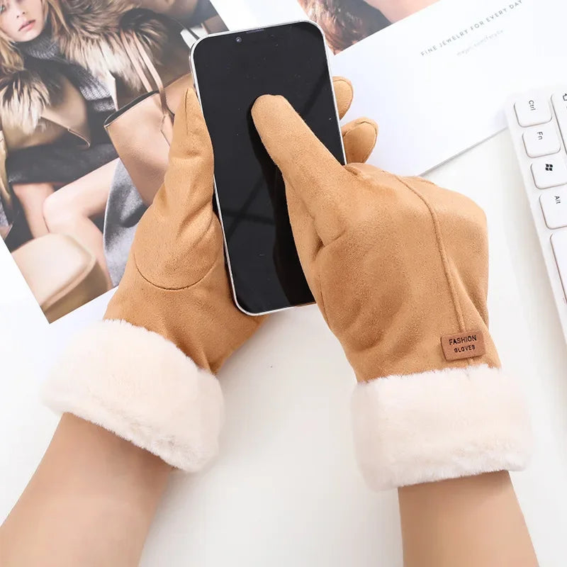 Gants d’hiver pour femme en peluche, à doigts complets avec fonction tactile