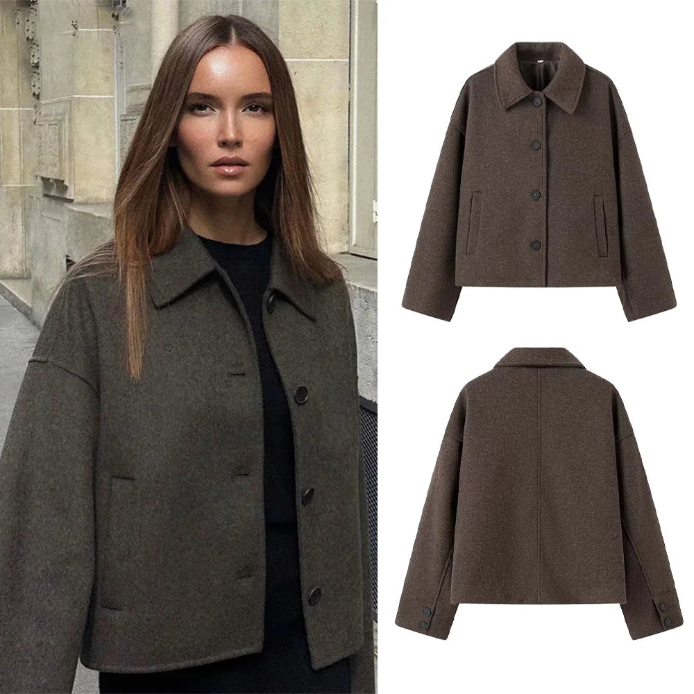 Manteau pour femme en laine synthétique, manches longues, col à revers, boutonnage simple