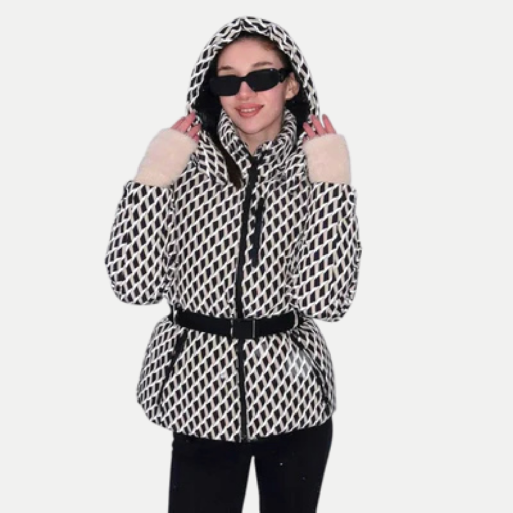 Doudoune Imprimée Femme à Capuche avec Ceinture et Fermeture Zippée