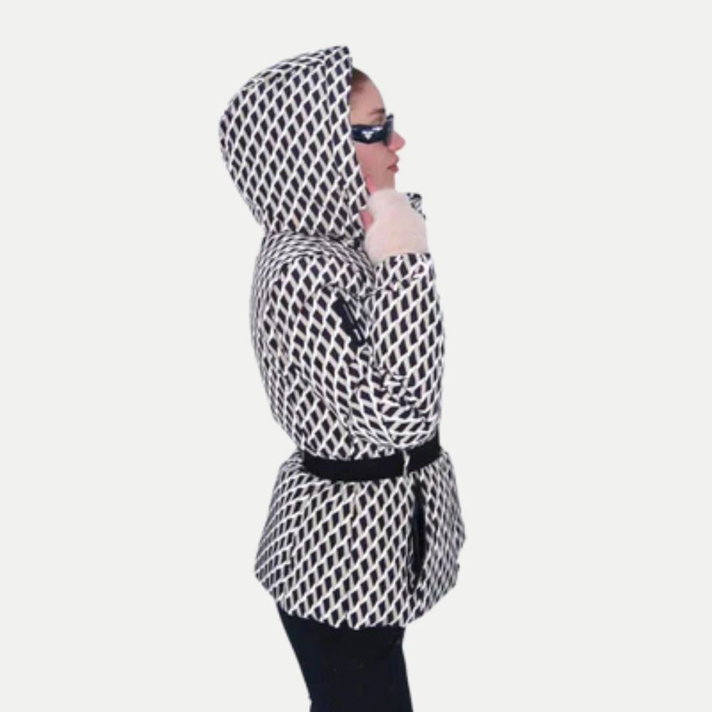 Doudoune Imprimée Femme à Capuche avec Ceinture et Fermeture Zippée