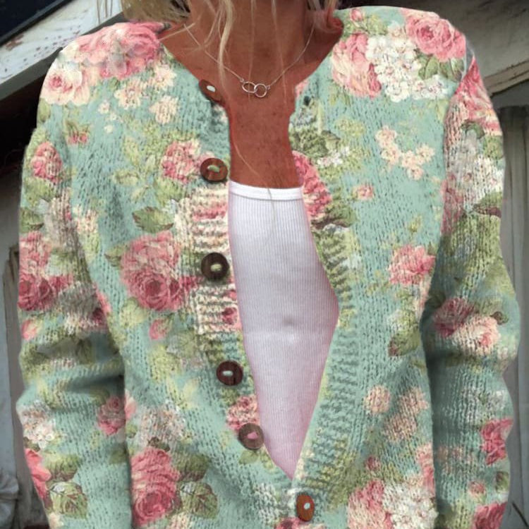 Cardigan en Maille Femme | Motif Floral Boutonné