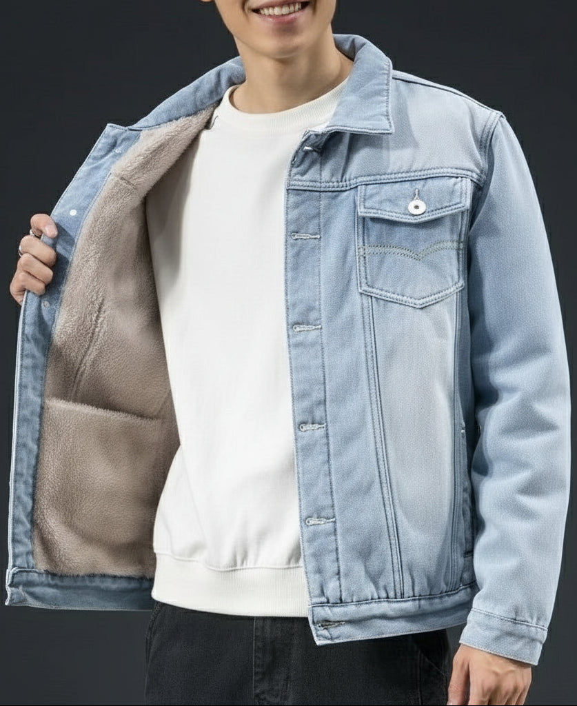 Vest i denimlook med fleeceforing og knapper til mænd