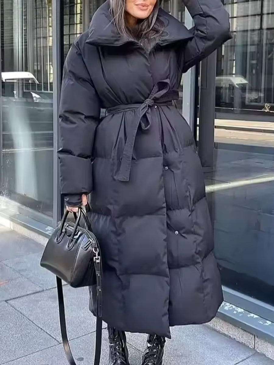 Manteau long matelassé à ceinture pour femme