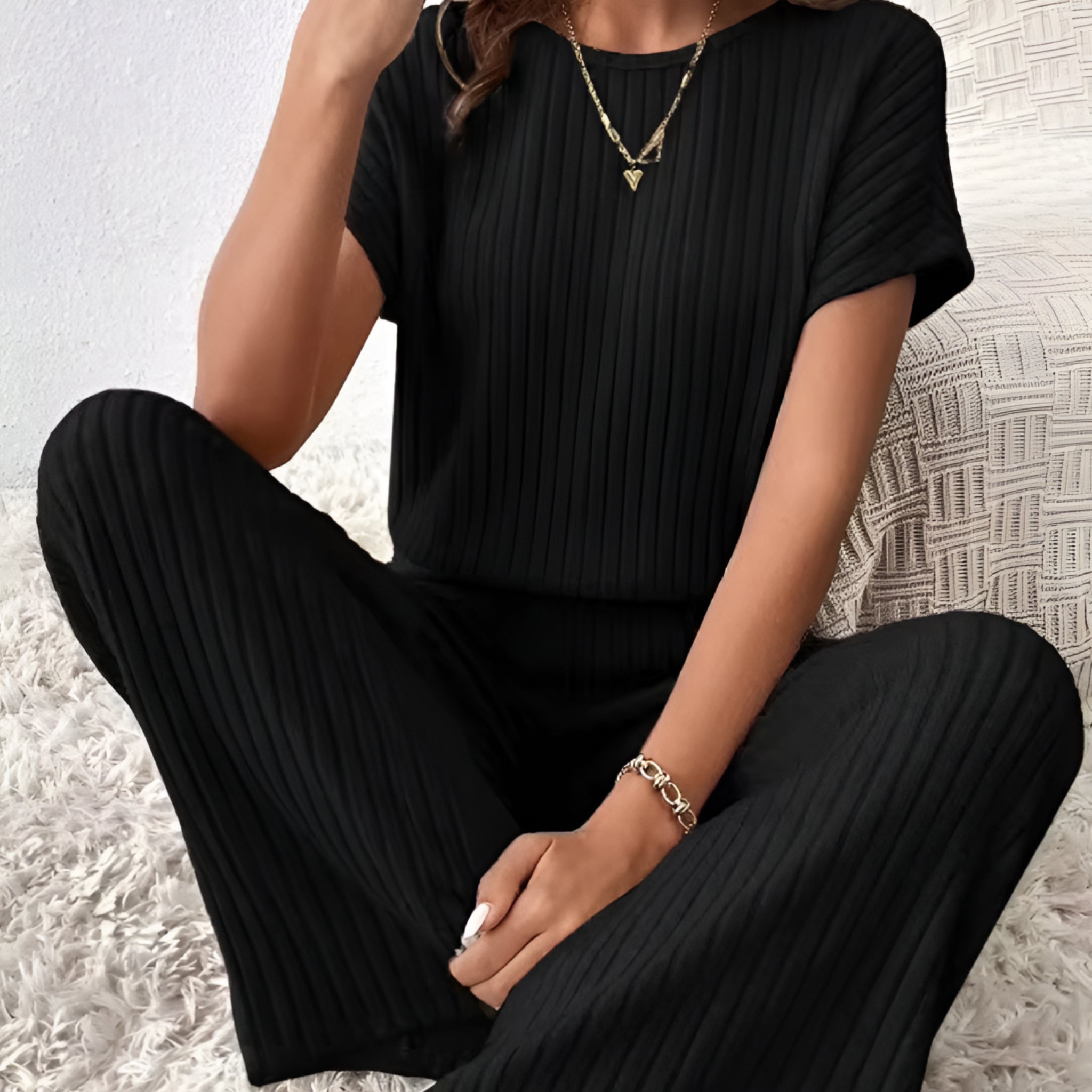 Effen Gebreide Tweedelige Set – Top & Broek