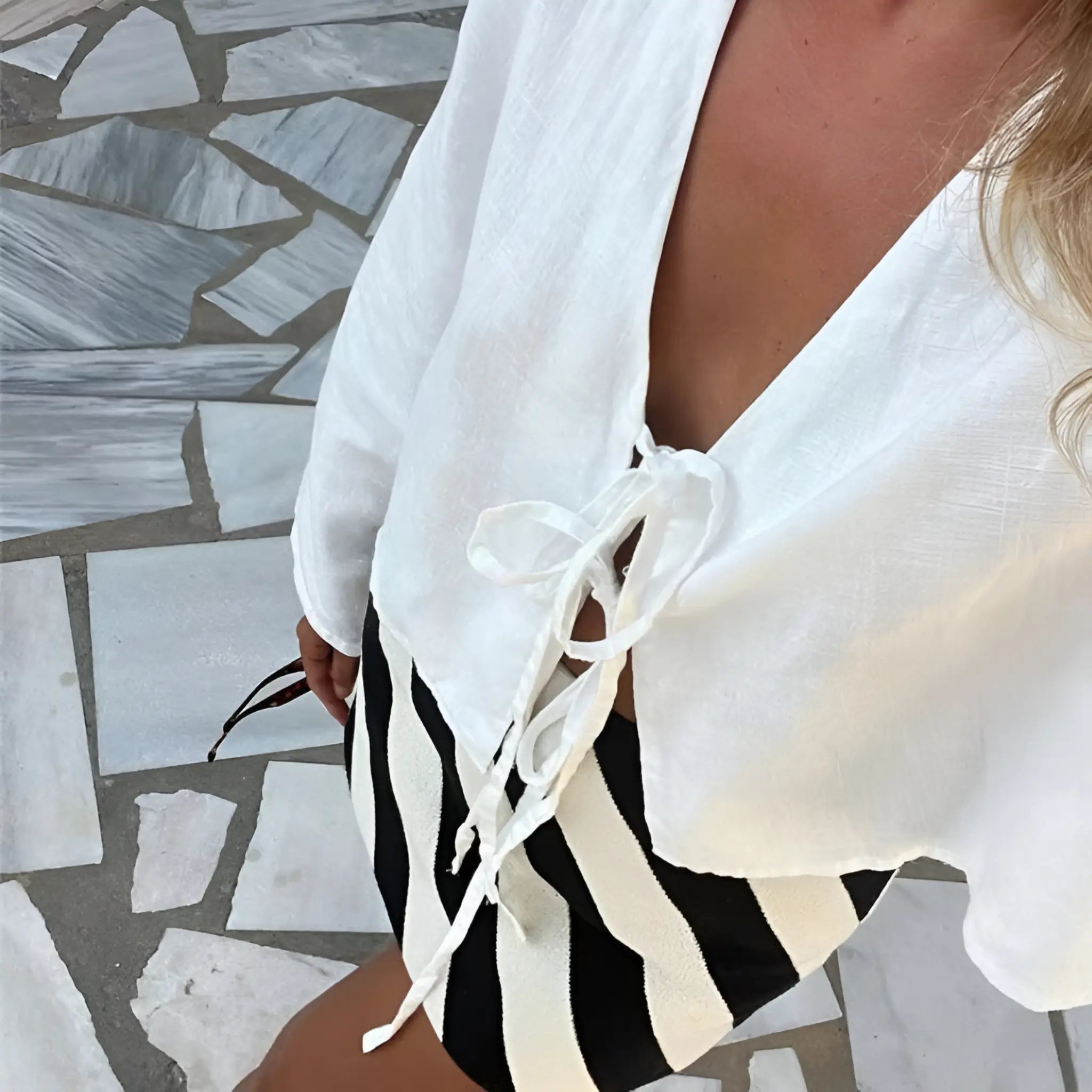 Groen Linnen Lace-Up V-Hals Shirt