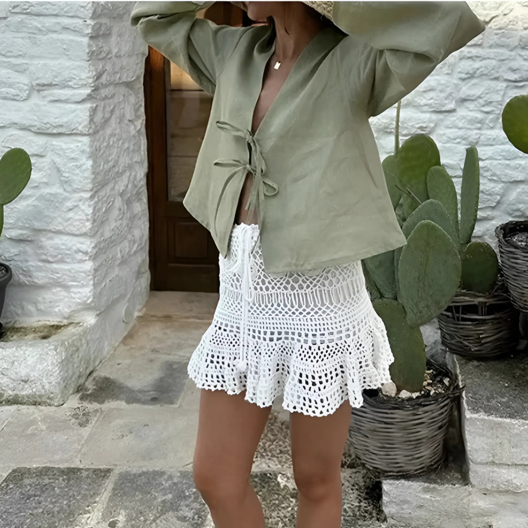 Groen Linnen Lace-Up V-Hals Shirt