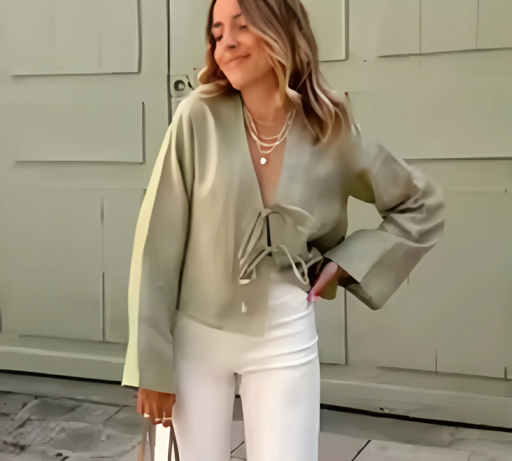 Groen Linnen Lace-Up V-Hals Shirt