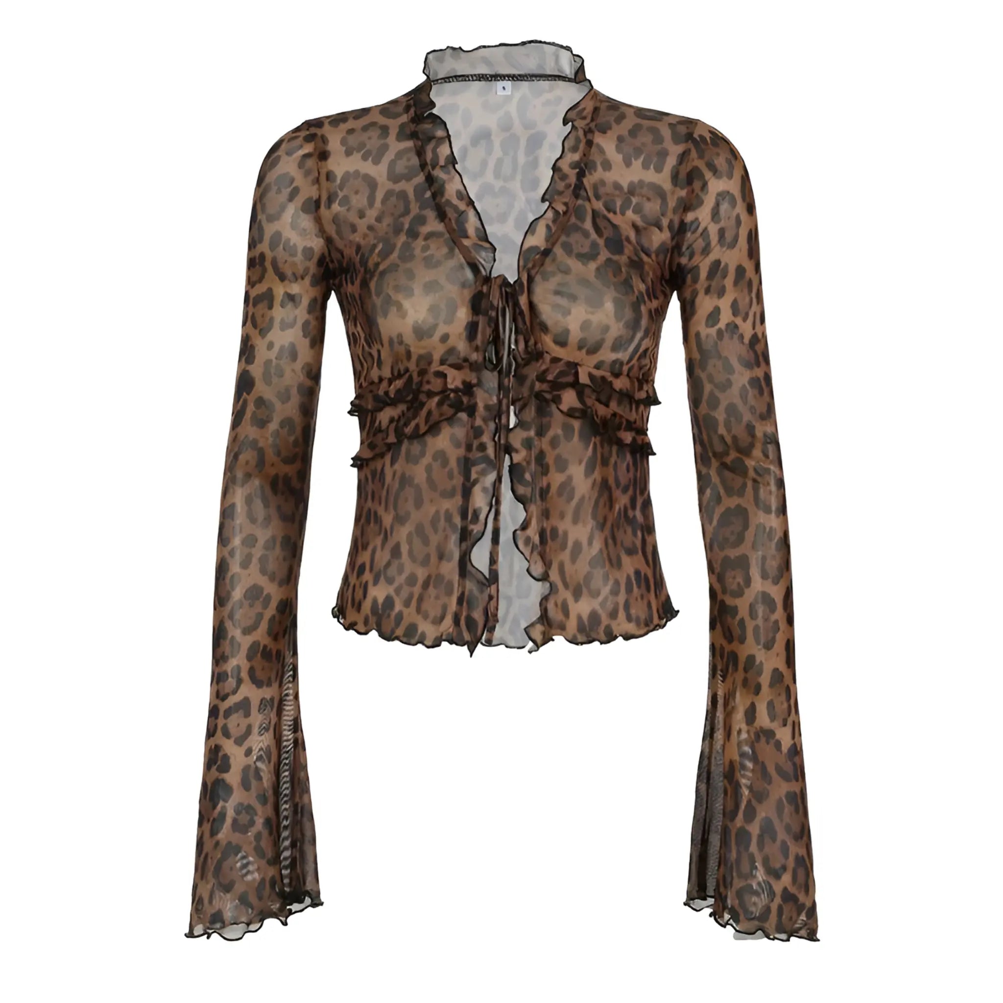 Luipaardprint Mesh Tie-Front Blouse