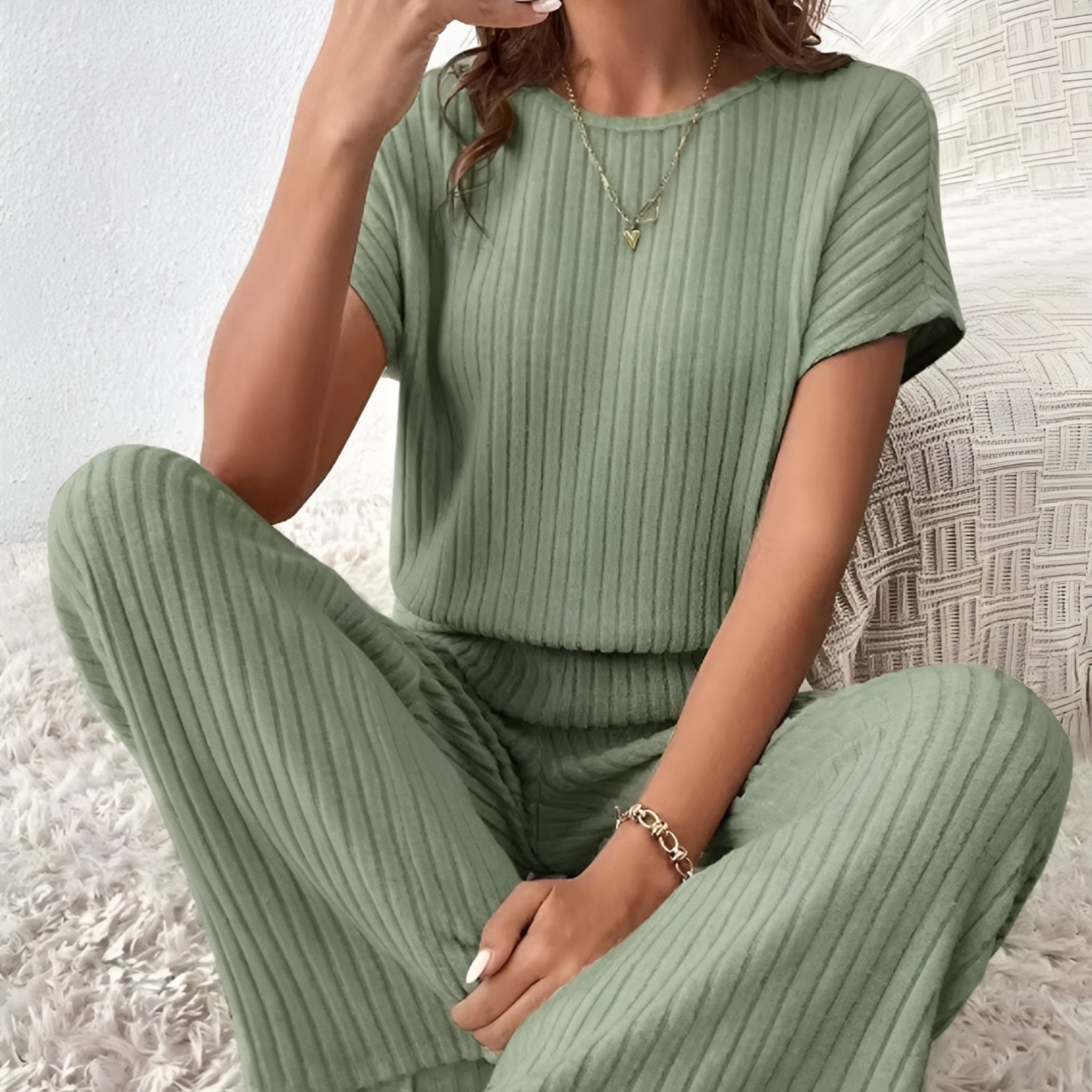 Effen Gebreide Tweedelige Set – Top & Broek