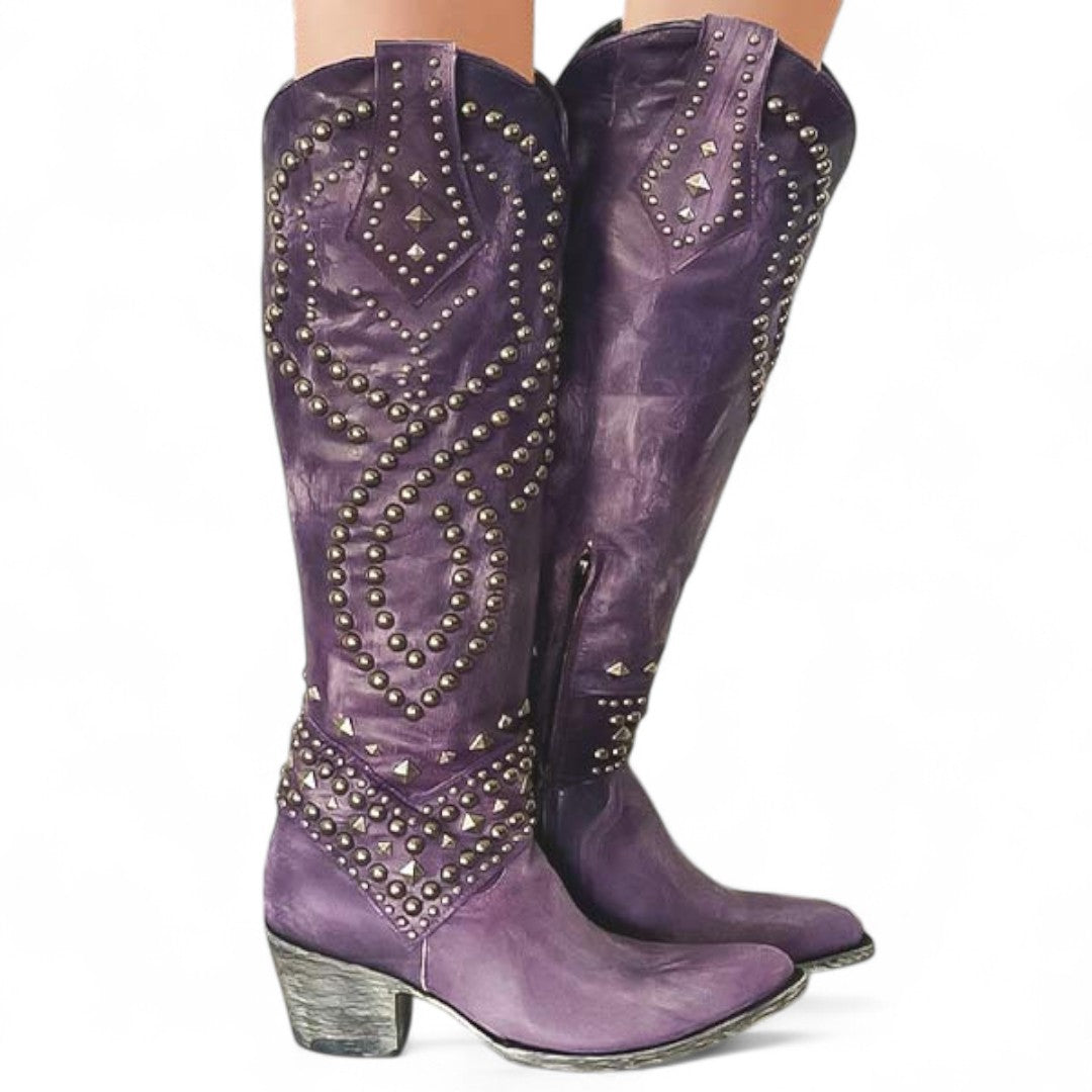 Bottes hautes à clous à bout pointu et talon bloc pour femme