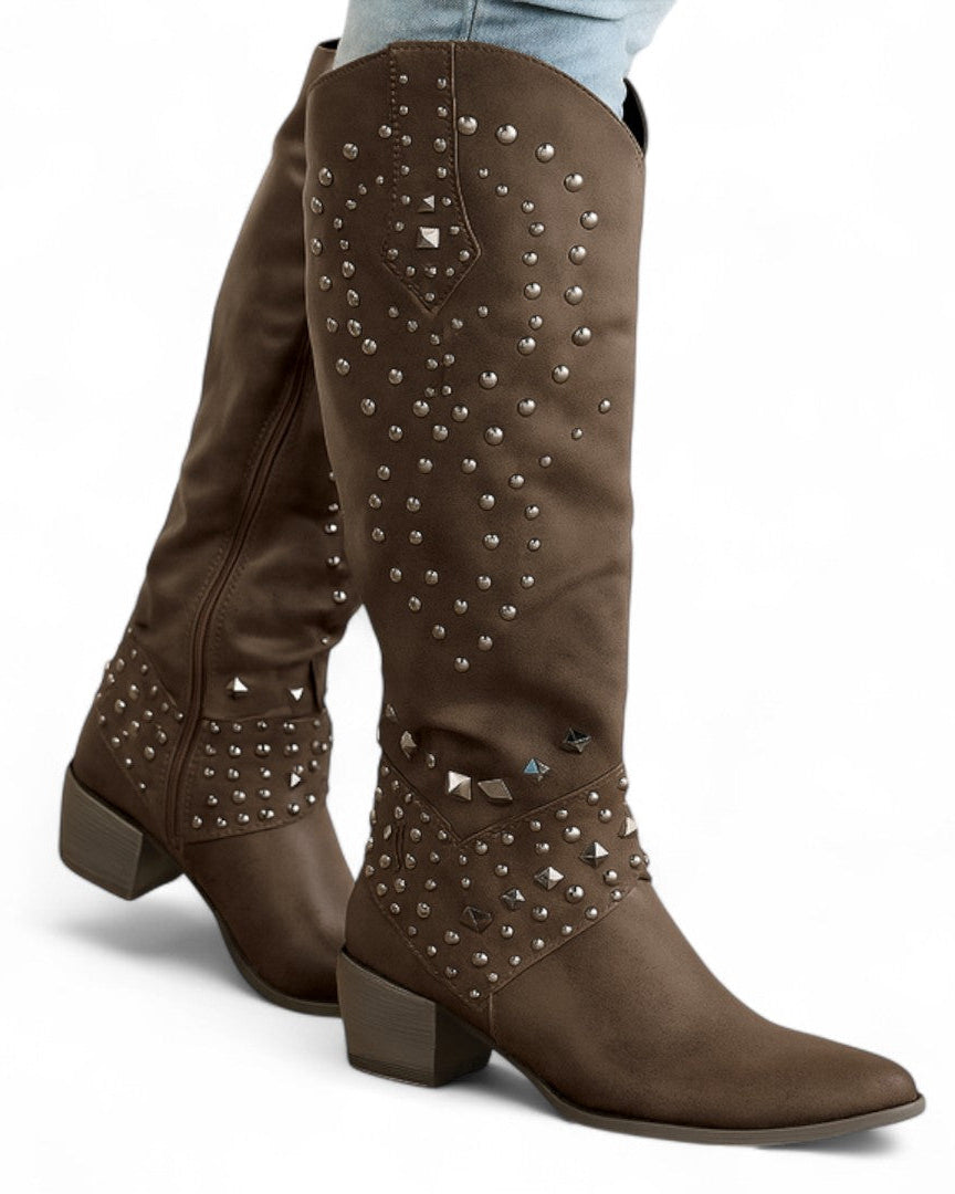 Bottes Hautes à Clous à bout pointu et talon bloc pour Femme